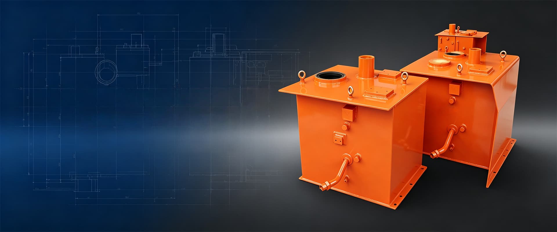 Two orange-painted hydraulic oil tanks staged against a technical drawing background